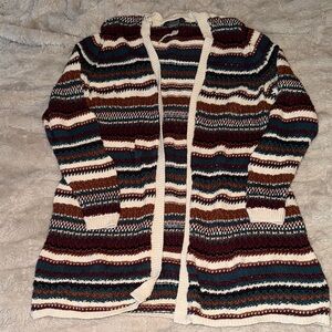 Natural Reflections Striped Open-Front Cardigan in Cream, Brown & Teal